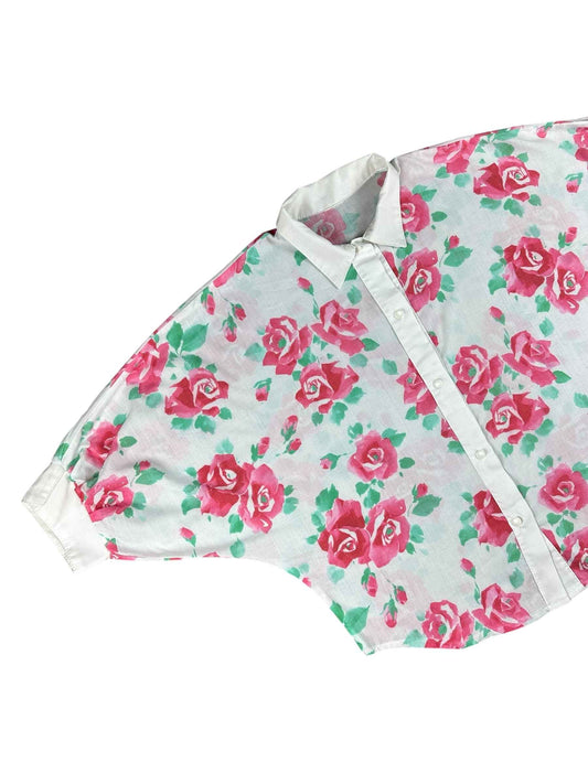 Camicia bianca da donna a maniche corte con fantasia floreale– abbigliamento vintage - vestiti vintage