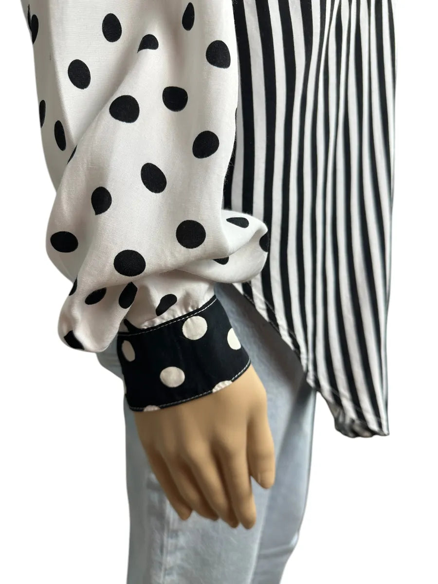 Camicia vintage da donna a righe e pois bianca e nera