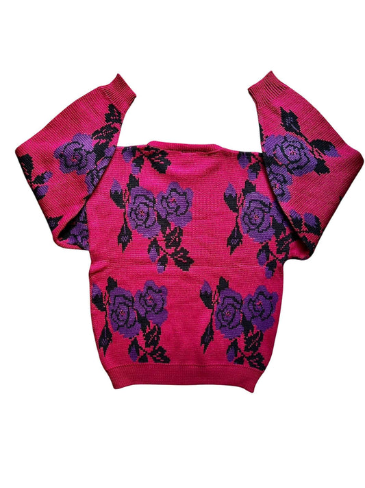 Maglione vintage da donna fucsia scuro con rose viola