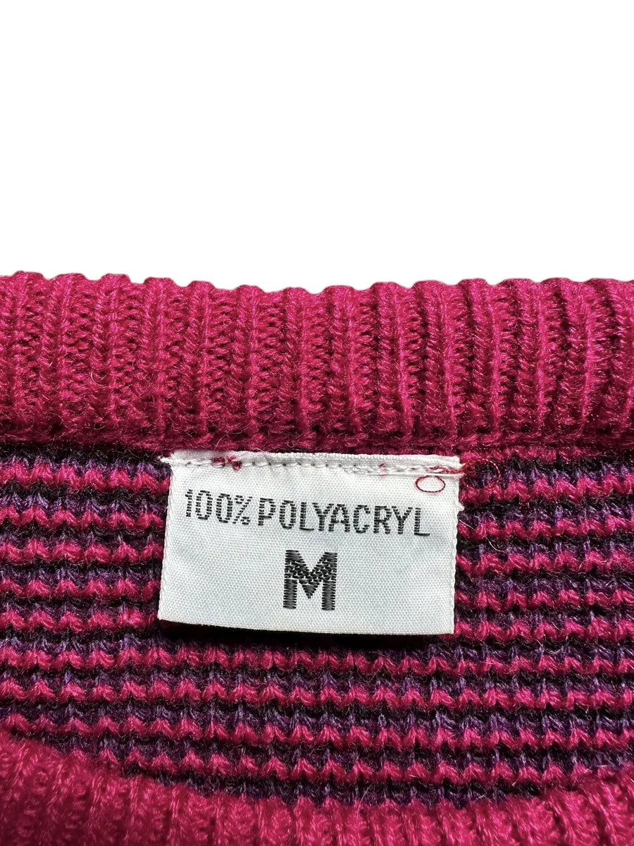 Maglione vintage da donna fucsia scuro con rose viola
