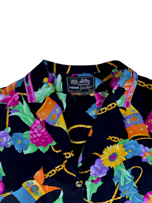 Camicia da donna nera a fantasia– abbigliamento vintage - vestiti vintage