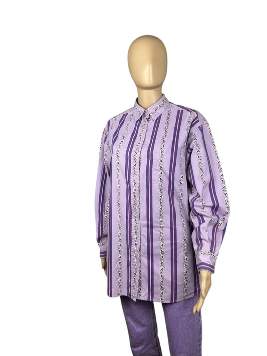 Camicia vintage da donna a righe con fantasia floreale