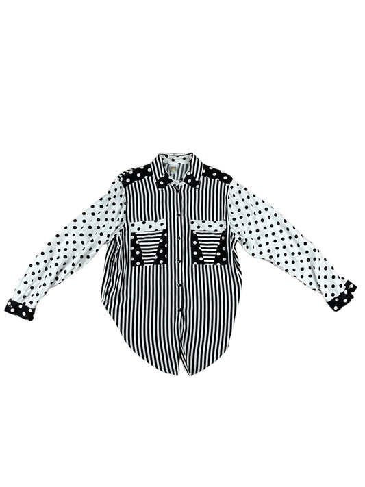 Camicia da donna a righe e pois bianca e nera– abbigliamento vintage - vestiti vintage