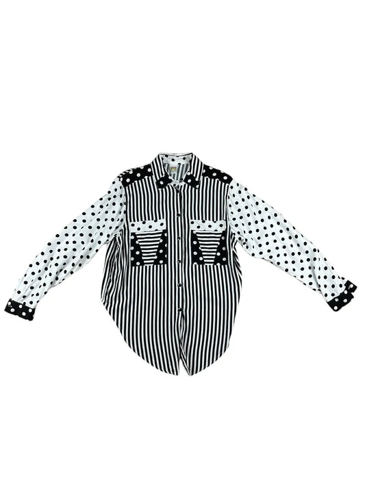 Camicia vintage da donna a righe e pois bianca e nera