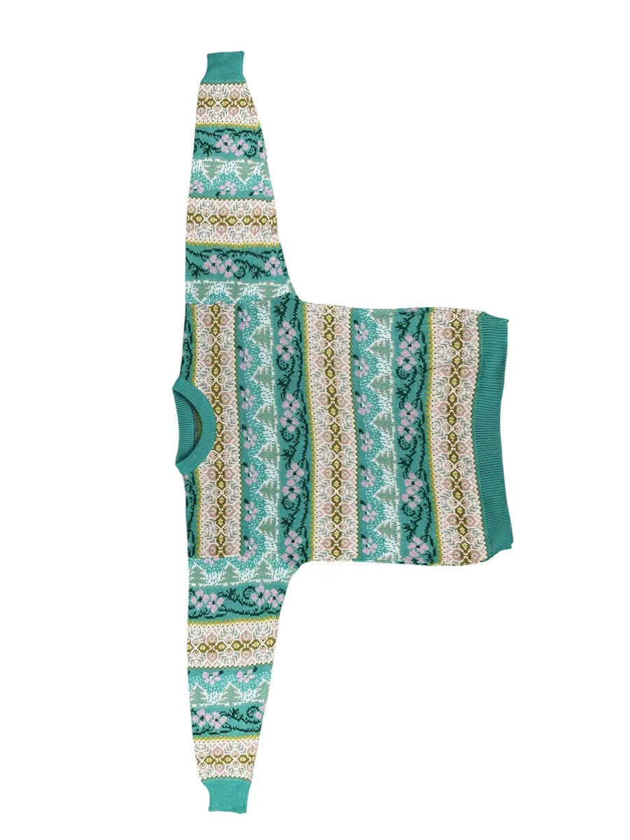 Maglione Vintage Girocollo da Donna a Fantasia Jacquard e Motivi Floreali Verde e Rosa - abbigliamento e vestiti vintage