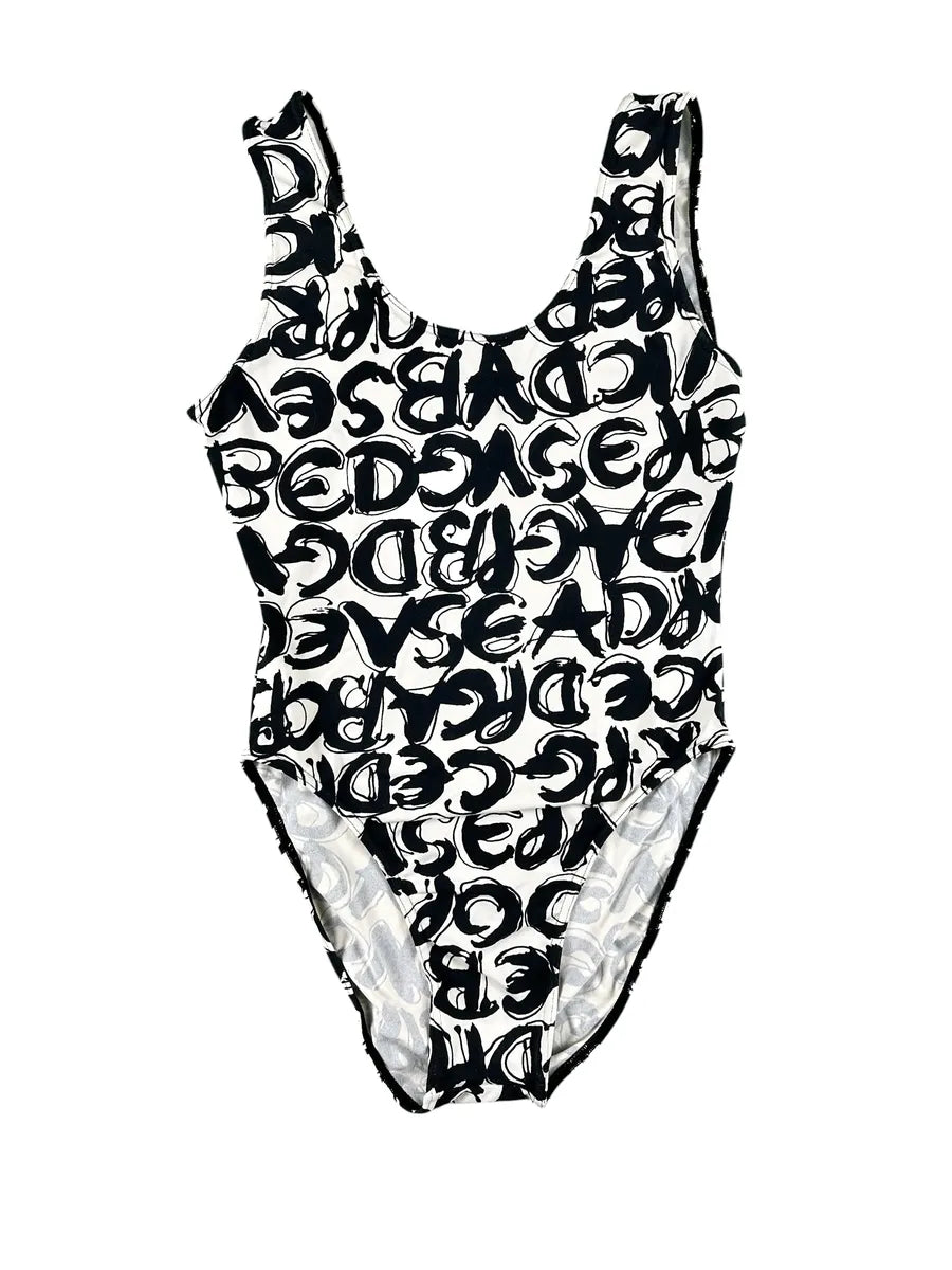 Women's vintage one-piece swimsuit with alphabet graphic print