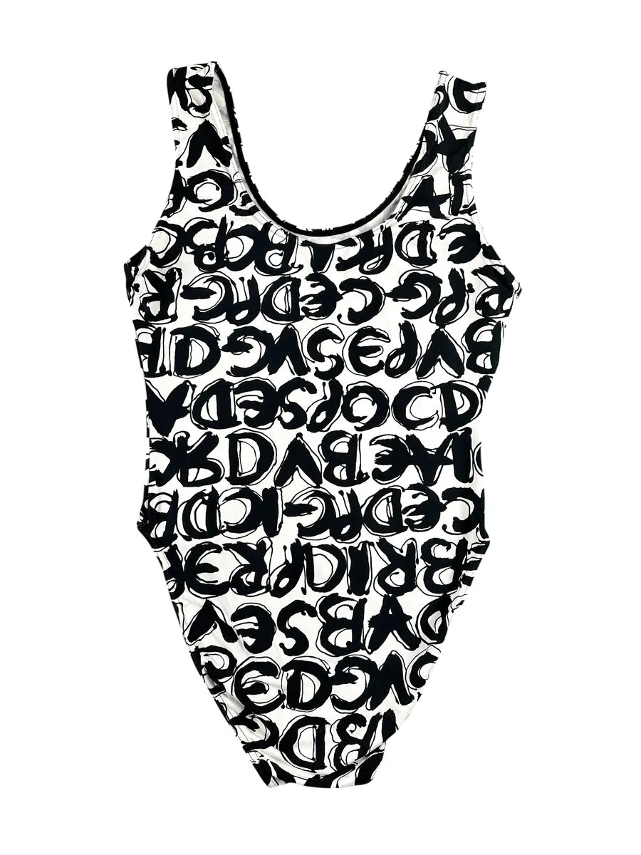 Women's vintage one-piece swimsuit with alphabet graphic print
