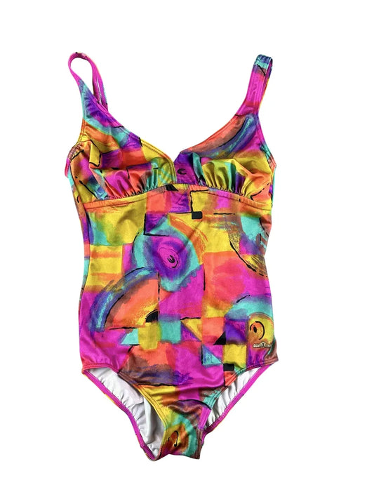 Costume intero donna vintage con scollo a cuore e fantasia astratta