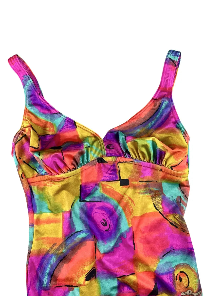 Women's vintage one-piece swimsuit with sweetheart neckline and abstract print