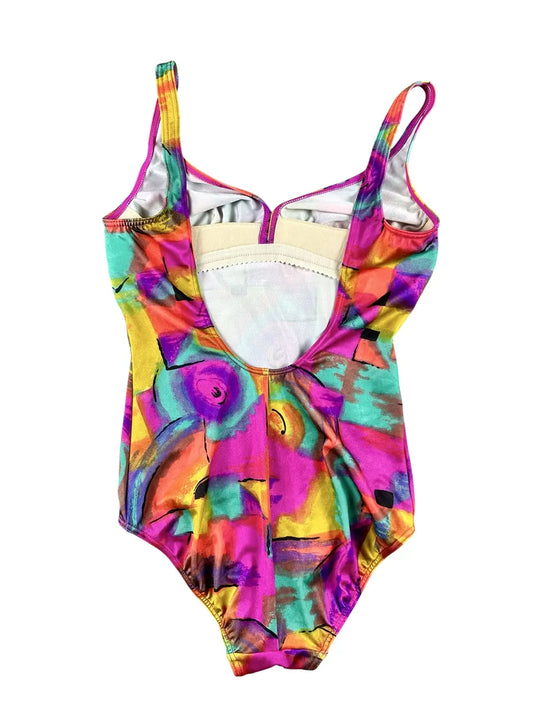 Costume intero donna vintage con scollo a cuore e fantasia astratta