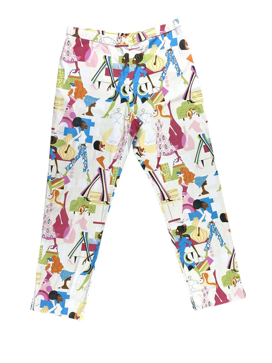 Pantaloni vintage da donna sartoriali con fantasia illustrata