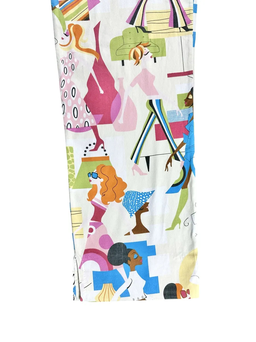 Women's vintage tailored trousers with illustrated pattern