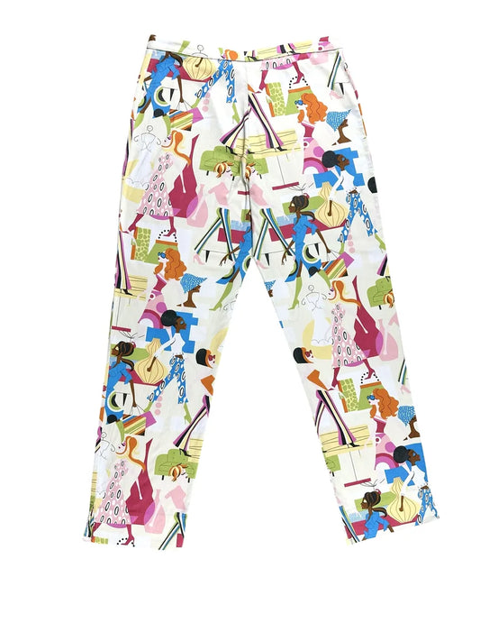 Pantaloni vintage da donna sartoriali con fantasia illustrata