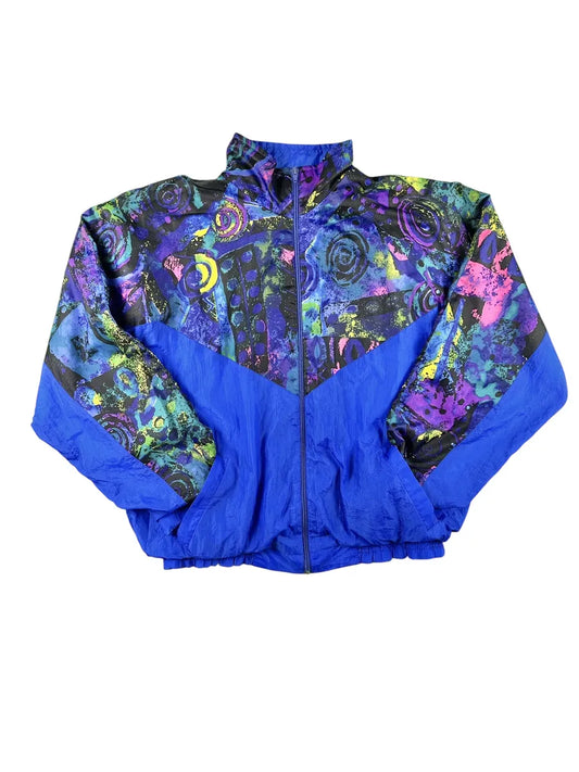 Giacca di tuta vintage anni '90 blu con fantasia astratta multicolor