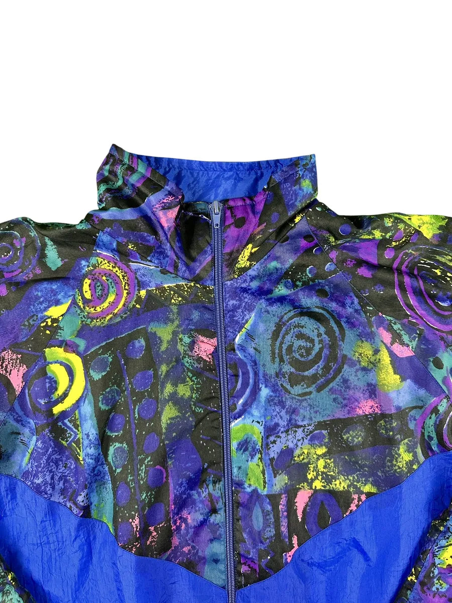 Veste de survêtement vintage années 90 bleue à motif abstrait multicolore