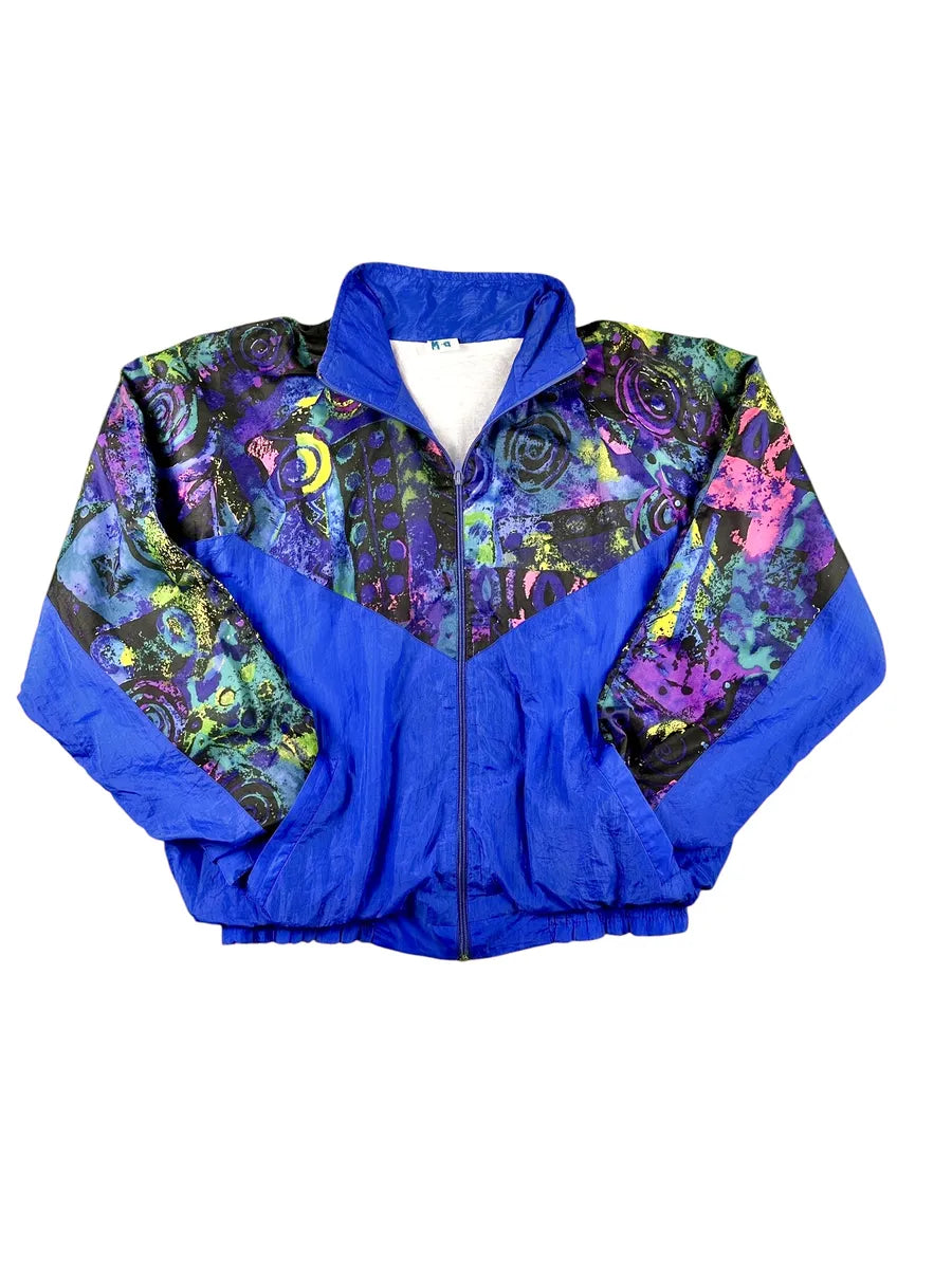 Veste de survêtement vintage années 90 bleue à motif abstrait multicolore