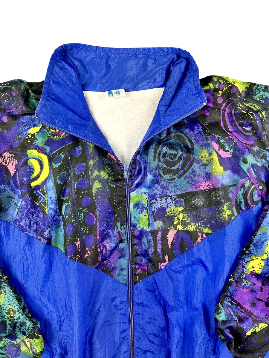 Veste de survêtement vintage années 90 bleue à motif abstrait multicolore