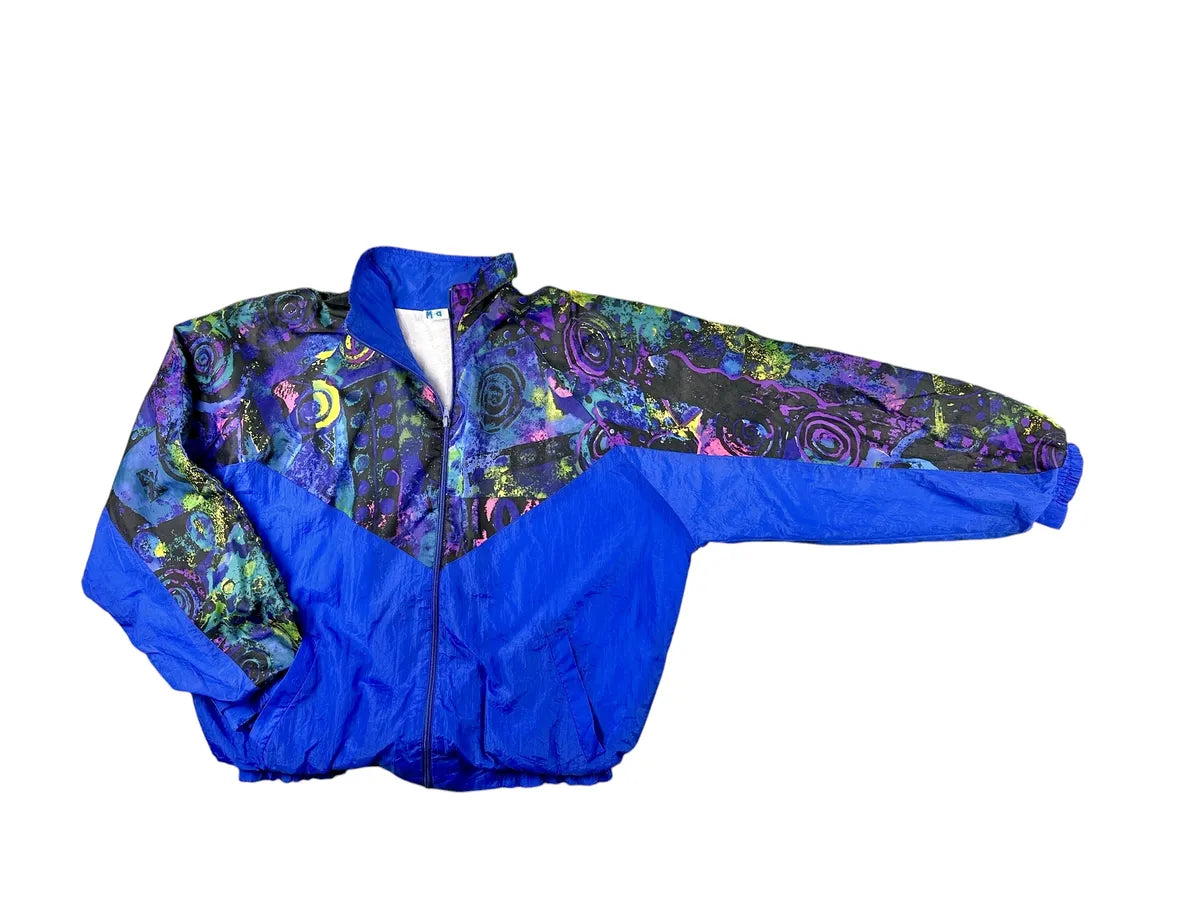 Veste de survêtement vintage années 90 bleue à motif abstrait multicolore