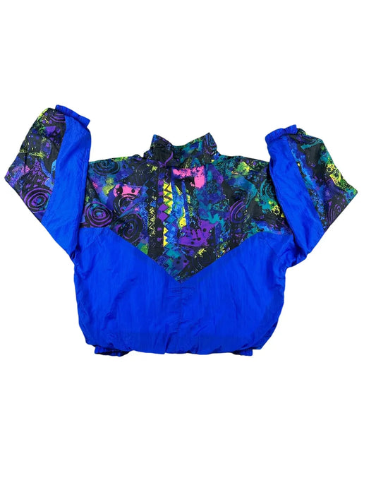 Giacca di tuta vintage anni '90 blu con fantasia astratta multicolor