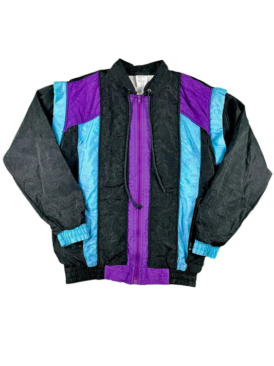 Giacca di tuta vintage anni 90 nera con inserti viola e celeste
