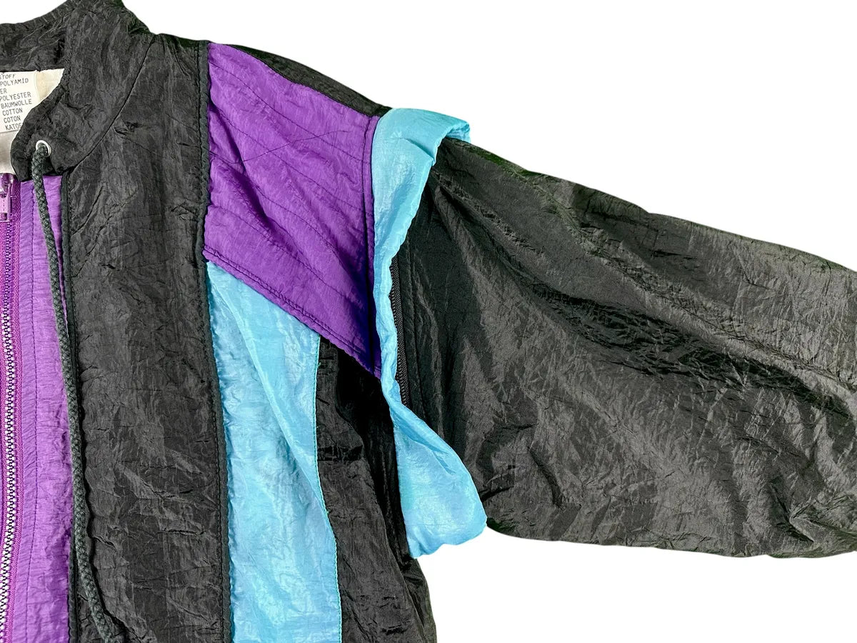Veste de survêtement vintage années 90 noire avec empiècements violets et bleu ciel