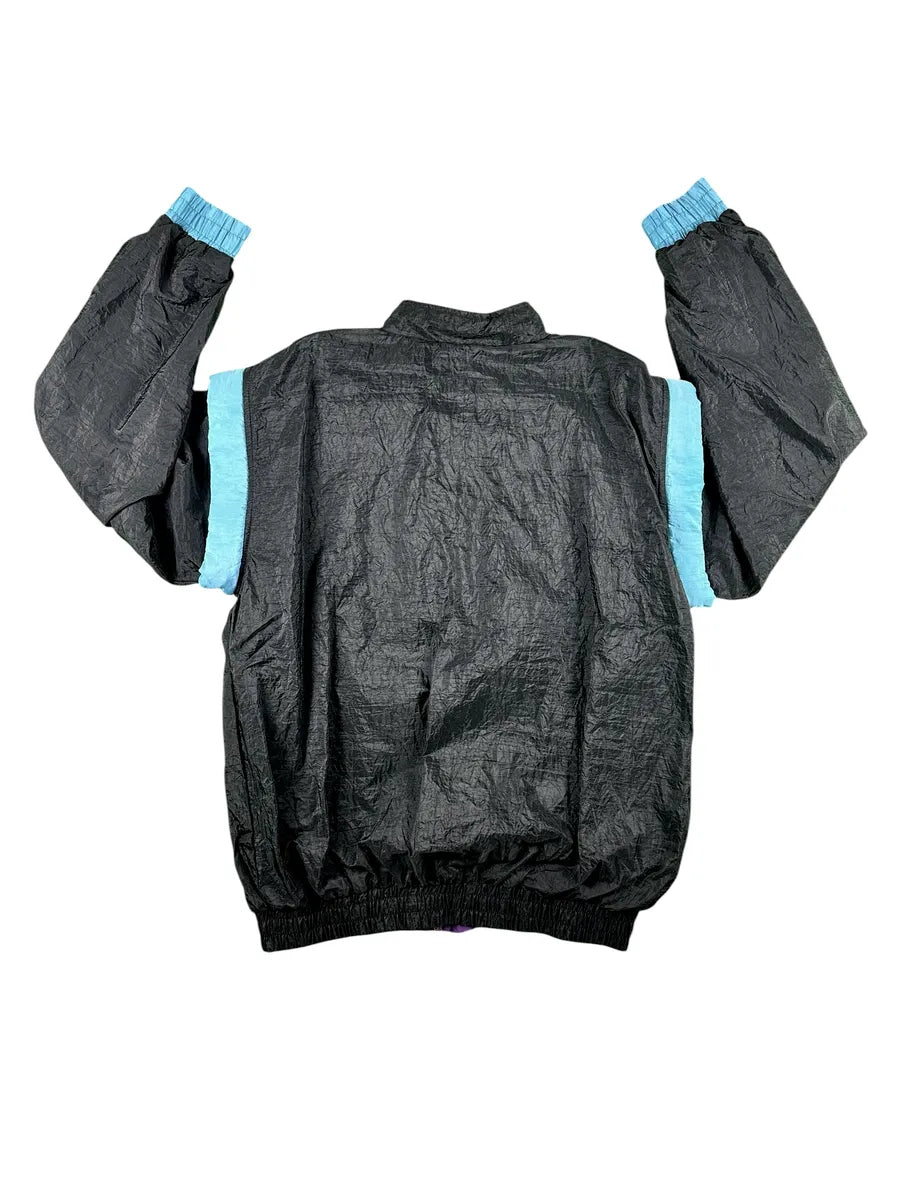 Veste de survêtement vintage années 90 noire avec empiècements violets et bleu ciel