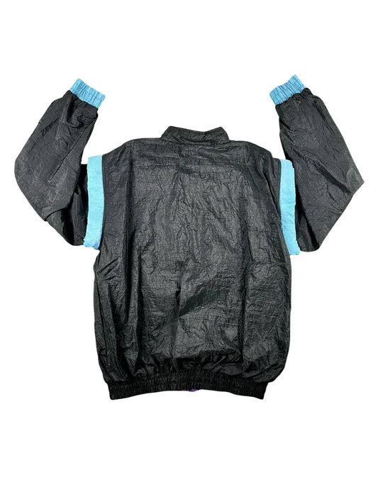 Giacca di tuta vintage anni 90 nera con inserti viola e celeste