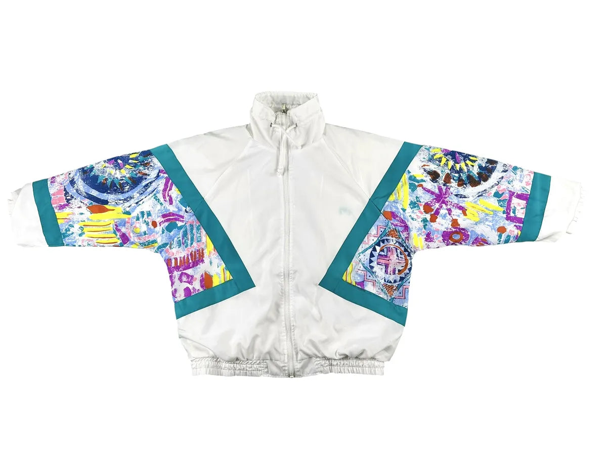Veste de survêtement vintage années 90 blanche avec empiècements géométriques abstraits
