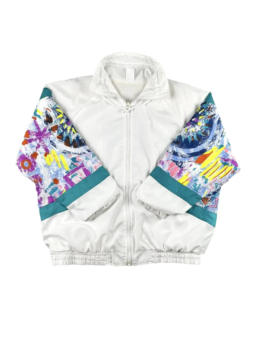 Veste de survêtement vintage années 90 blanche avec empiècements géométriques abstraits
