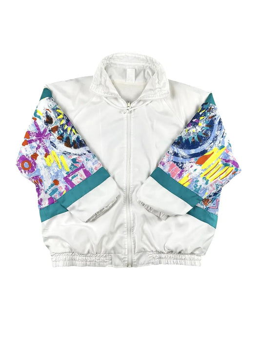 Giacca di tuta vintage anni '90 bianca con inserti geometrici abstract