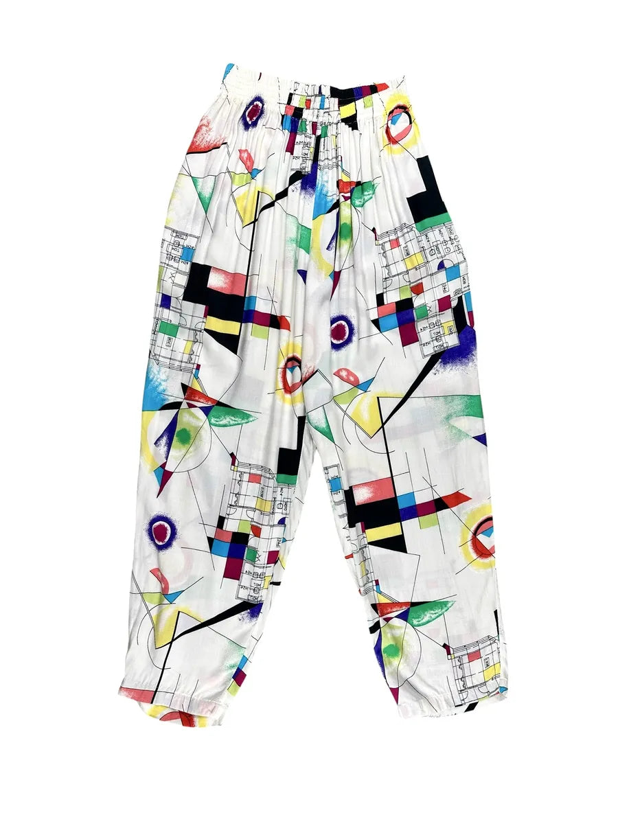 Pantalon vintage femme en viscose blanche à motif géométrique