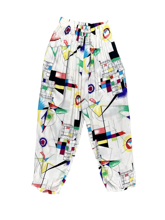 Pantaloni vintage donna in viscosa bianca a pattern geometrico