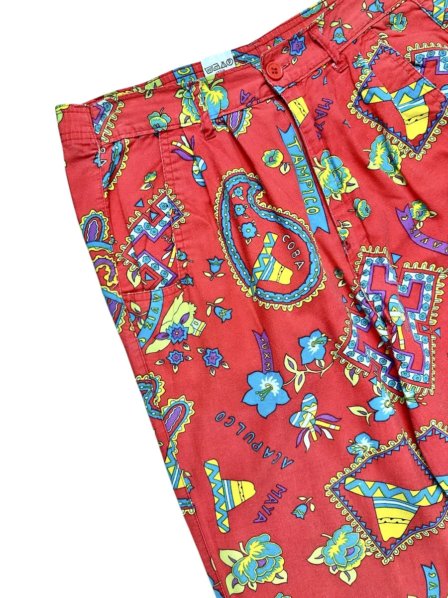 Women's vintage long cotton trousers with Mexican print