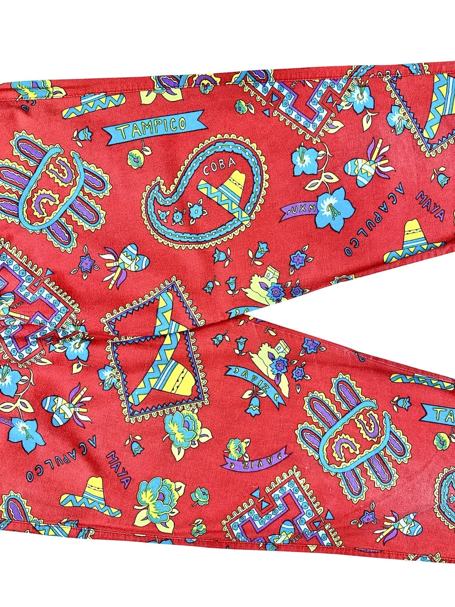 Women's vintage long cotton trousers with Mexican print