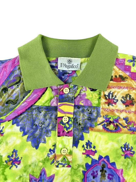 Polo vintage anni '90 in viscosa con grafica astratta all-over