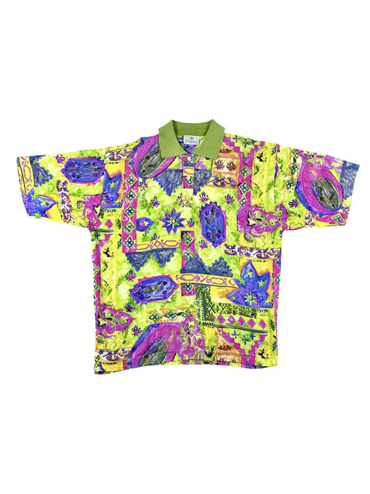 Polo vintage anni '90 in viscosa con grafica astratta all-over