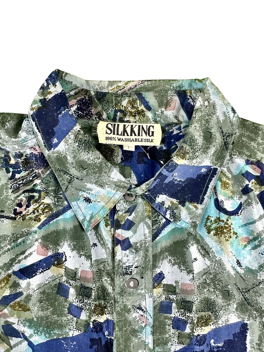Camicia vintage da uomo Silkking 100% seta a maniche lunghe con grafica astratta