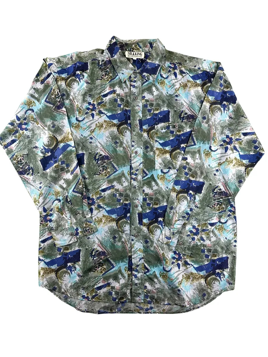 Camicia vintage da uomo Silkking 100% seta a maniche lunghe con grafica astratta
