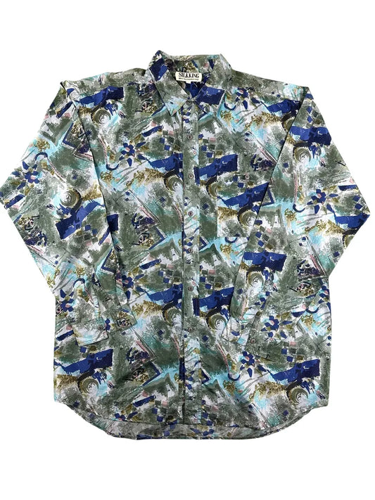 Camicia vintage da uomo Silkking 100% seta a maniche lunghe con grafica astratta
