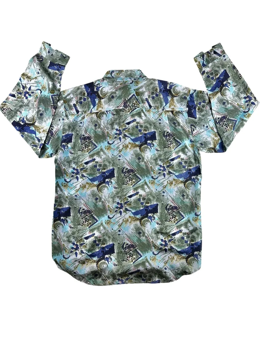 Camicia vintage da uomo Silkking 100% seta a maniche lunghe con grafica astratta
