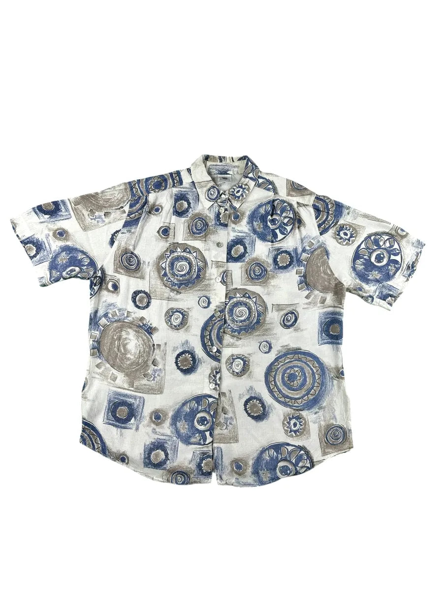 Camicia vintage da donna New Fast con stampa astratta - Blu e Grigio - abbigliamento e vestiti vintage