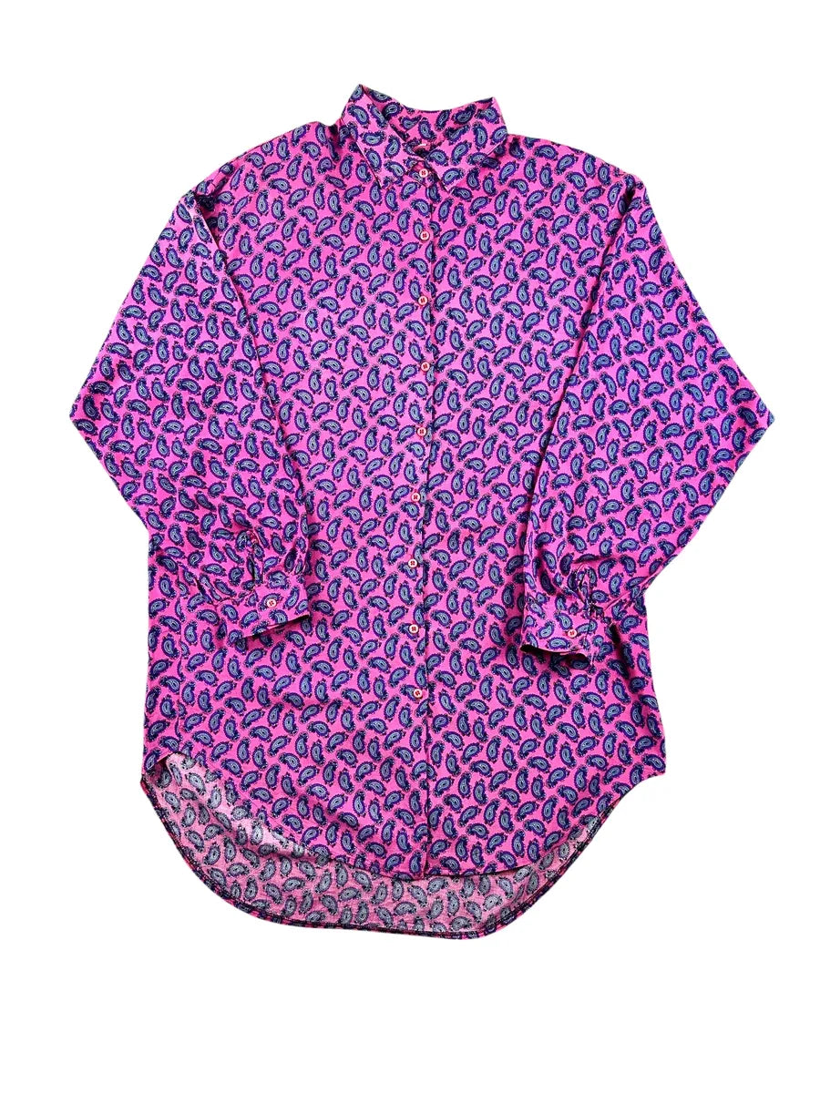 Camicia vintage unisex a maniche lunghe con stampa paisley - Fucsia e Blu