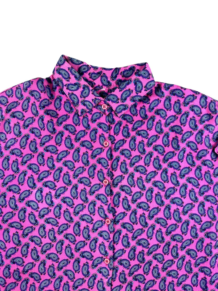 Camicia vintage unisex a maniche lunghe con stampa paisley - Fucsia e Blu