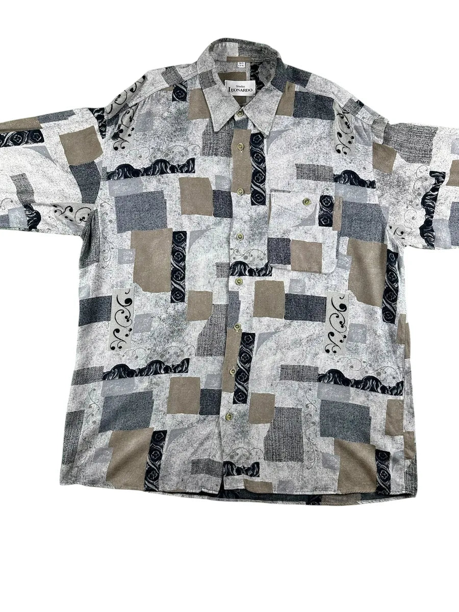 Camicia Vintage Uomo Studio Leonardo Fantasia Geometrica Grigia Nero e Beige