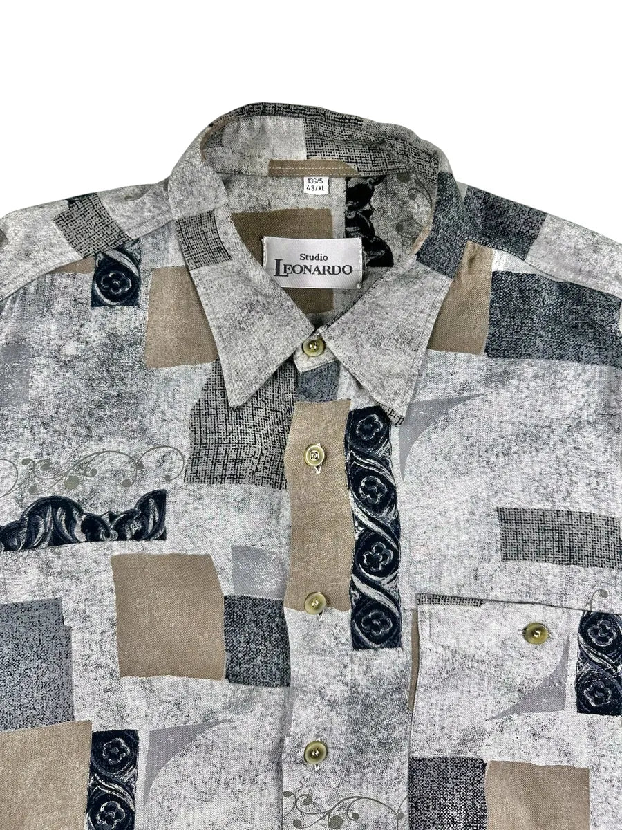 Camicia Vintage Uomo Studio Leonardo Fantasia Geometrica Grigia Nero e Beige