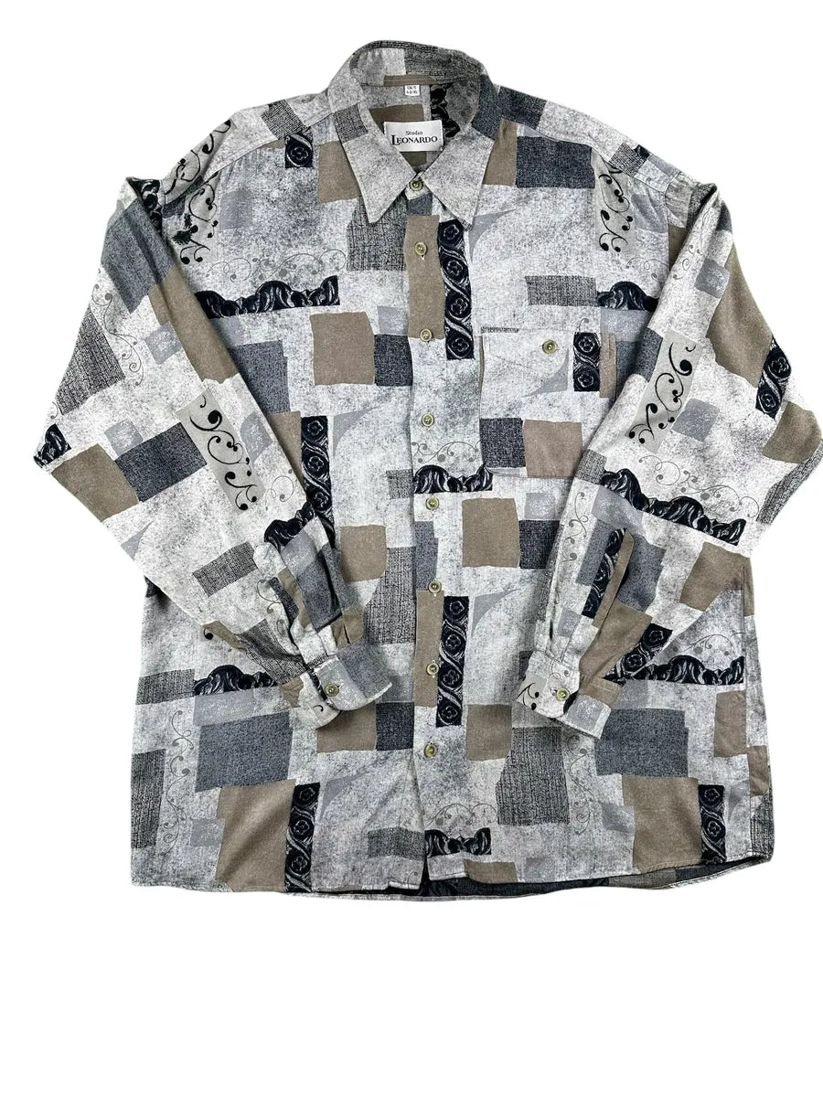 Camicia Vintage Uomo Studio Leonardo Fantasia Geometrica Grigia Nero e Beige