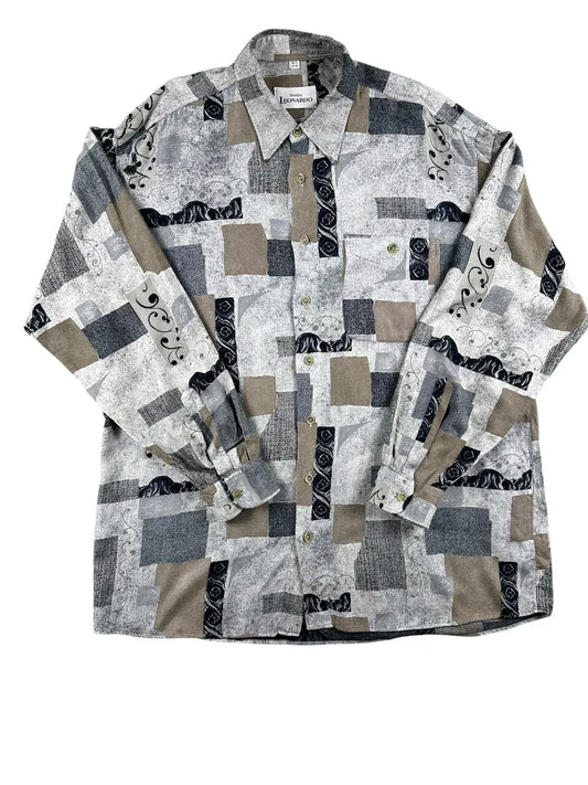 Camicia Vintage Uomo Studio Leonardo Fantasia Geometrica Grigia Nero e Beige - abbigliamento e vestiti vintage
