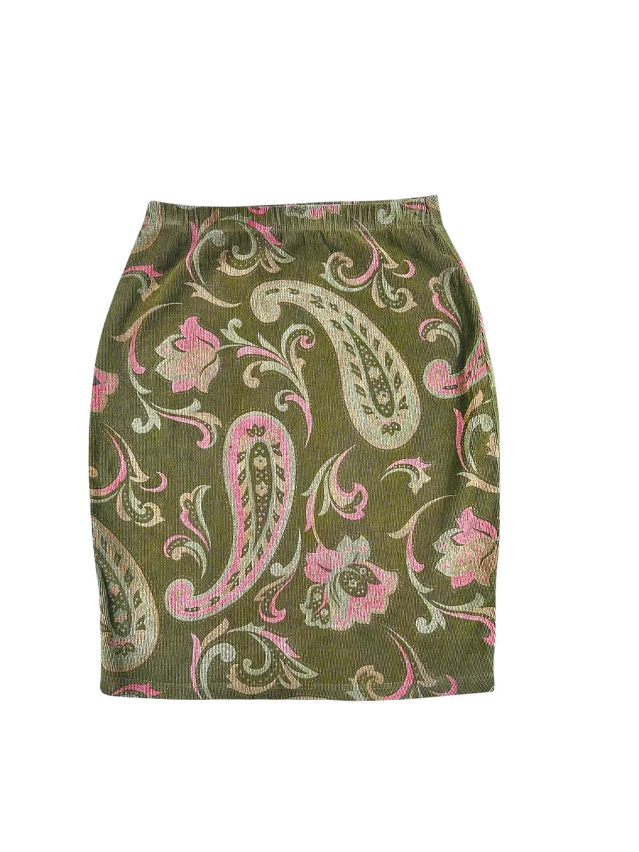Gonna Vintage da Donna a Matita in Velluto a Costine Fantasia Paisley – Verde Oliva e Rosa - abbigliamento e vestiti vintage