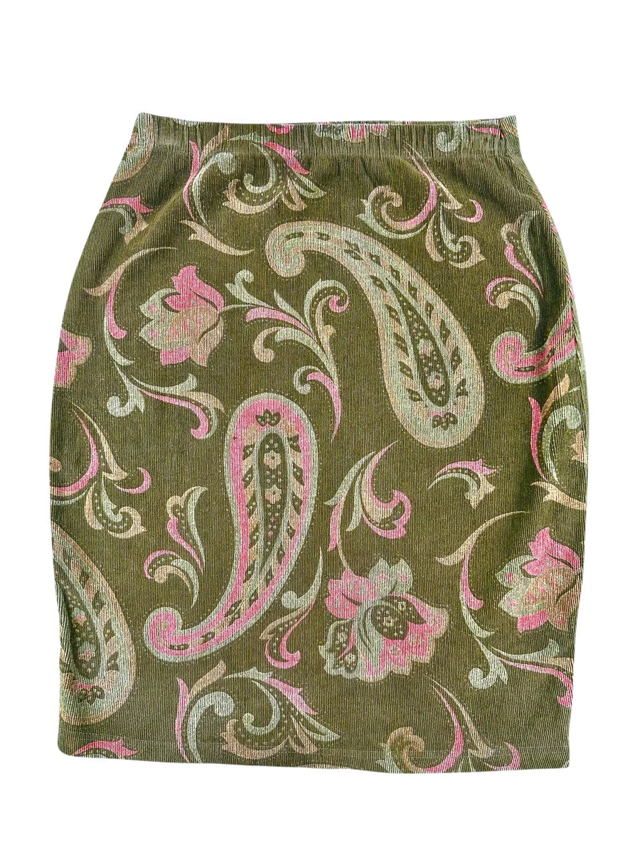 Gonna Vintage da Donna a Matita in Velluto a Costine Fantasia Paisley – Verde Oliva e Rosa - abbigliamento e vestiti vintage