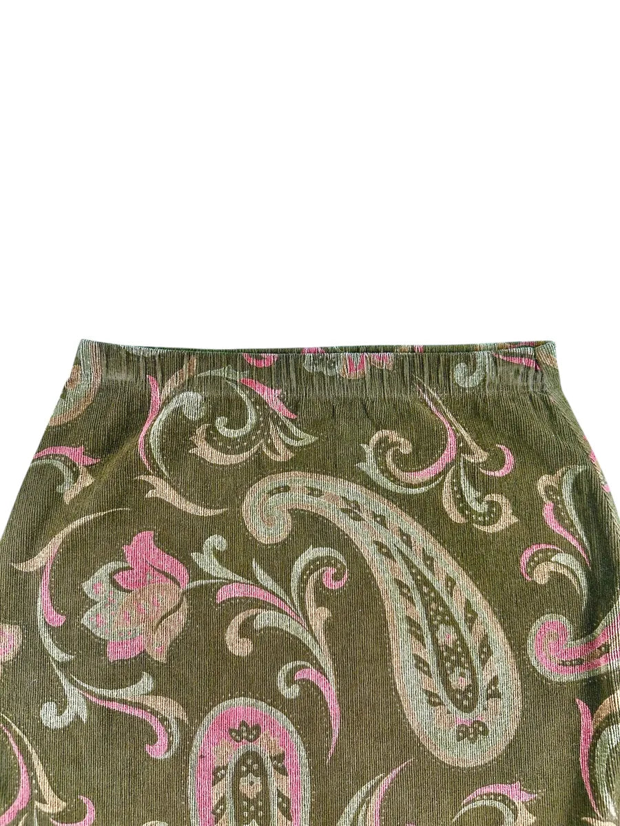 Gonna Vintage da Donna a Matita in Velluto a Costine Fantasia Paisley – Verde Oliva e Rosa - abbigliamento e vestiti vintage